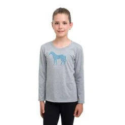 Cavalliera Women's Blue Horse Long Sleeve Cotton Top - Grey Melange